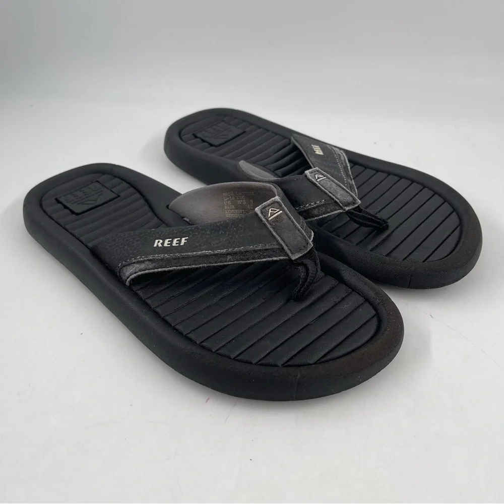 Reef Men’s Black Leather Textured Thong Sandals Flip Flops Shoes - Size 8